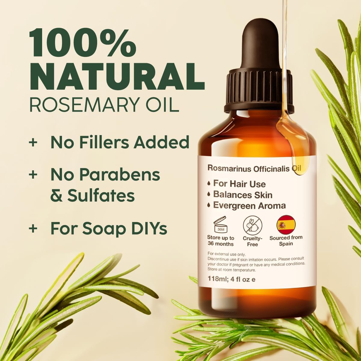 100% Pure & Natural Rosemary Oil for Hair, Skin, Aromatherapy & DIY Soap Making (4 Fl Oz / 118 ml) 24hrsmart